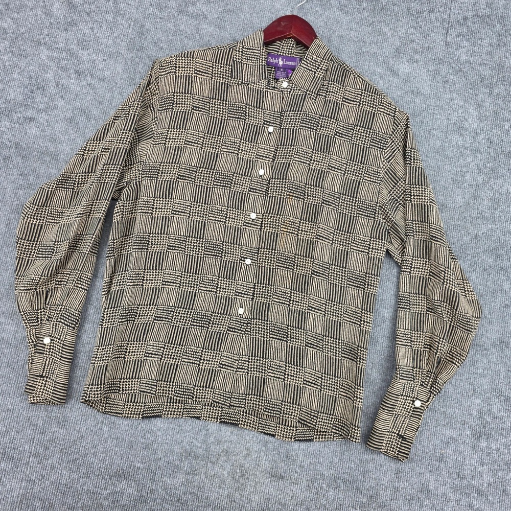 Ralph Lauren Purple Label Womens 4 Silk Button Down Shirt Tan Black Geometric